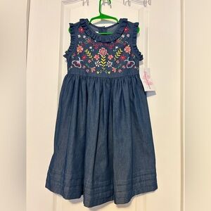 Bonnie Jean Navy Chambray Dress with Multicolor Floral Embroidery